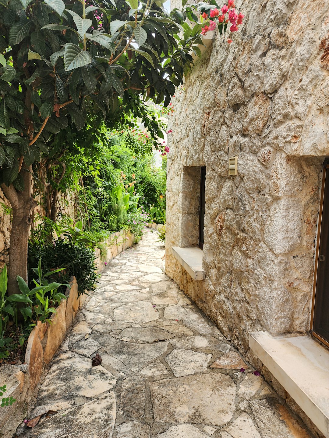 A stone pathway leads past garden walls and blooming flowers.